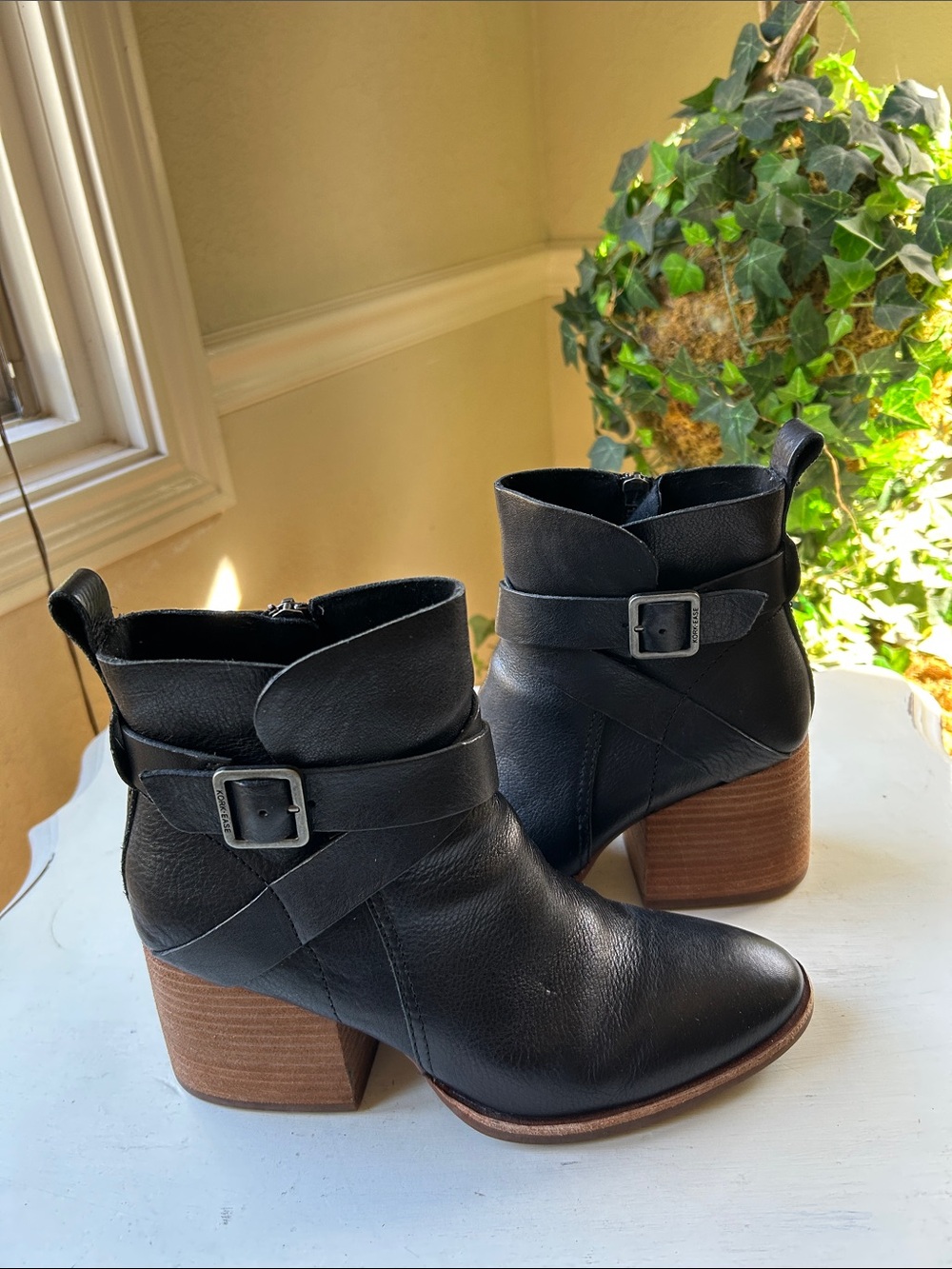 Kork-Ease Black Leather Ankle Booties with Buckle Strap Like New